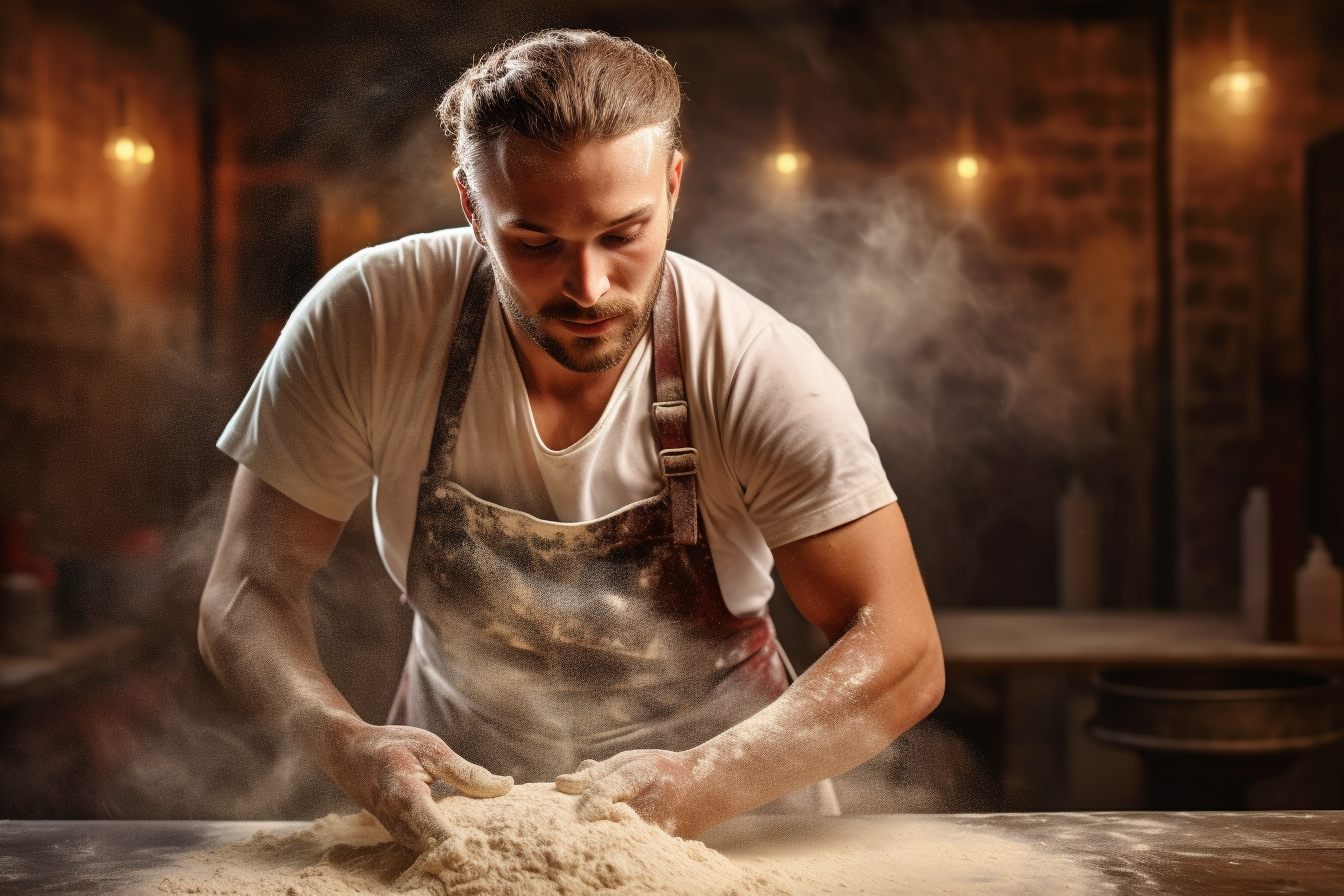 Antony Locke, a master baker, expertly kneading dough in his bakery, showcasing his skill and dedication to the art of baking